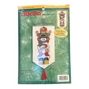NIP Vintage Bucilla Counted Cross Stitch Santa and Friends Banner 4”x8”